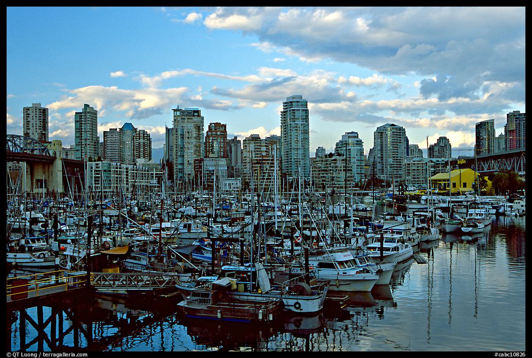 Skyline and small boat harbor. Vancouver, British Columbia, Canada