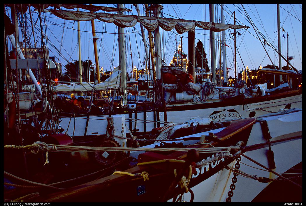 Sailboats with lights of the legislature appearing between masts. Victoria, British Columbia, Canada