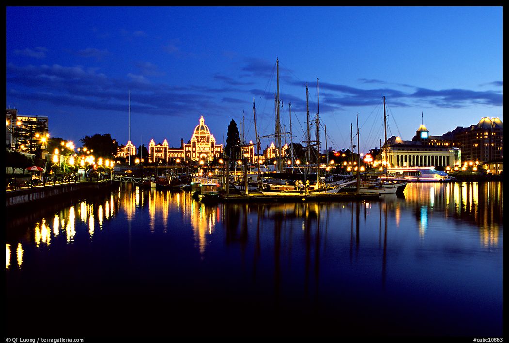 Boats in inner harbour and parliament buildings lights. Victoria, British Columbia, Canada