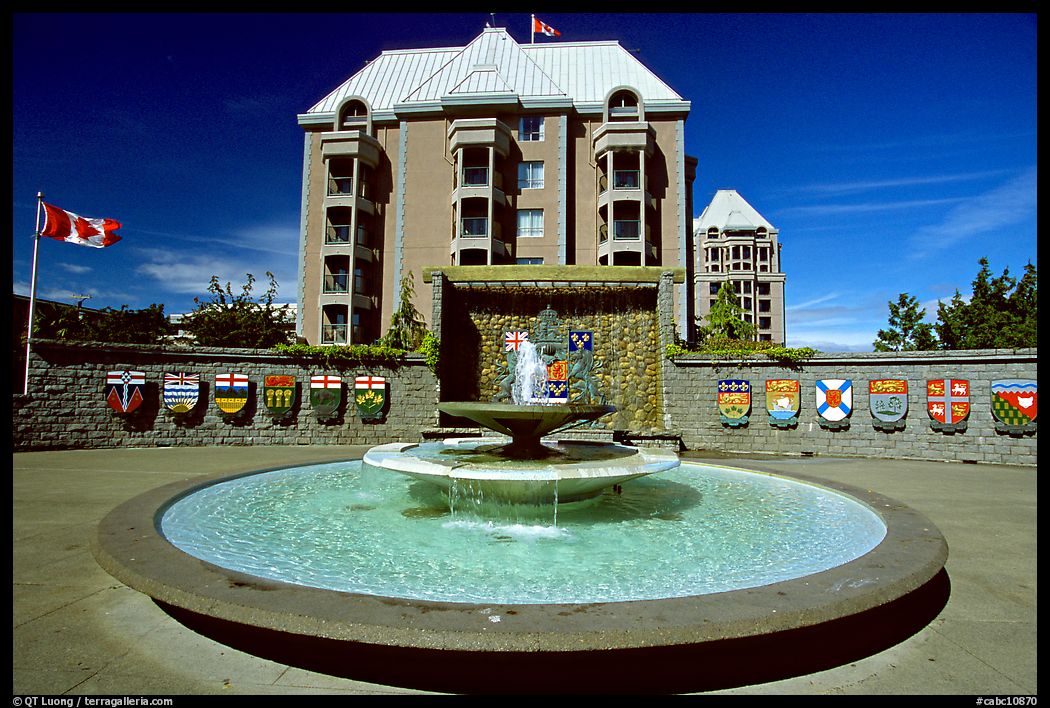 Confederation plazza with the shields of each of the Canadian provinces and territories. Victoria, British Columbia, Canada