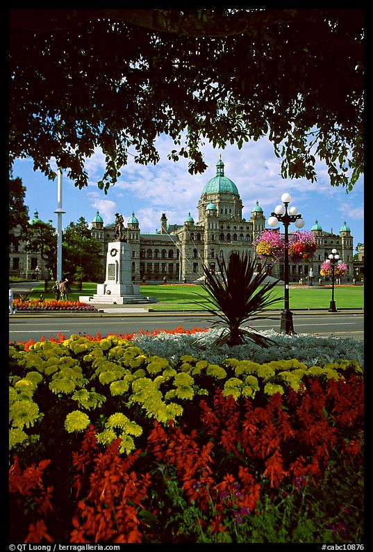 Parliament framed by leaves and flowers. Victoria, British Columbia, Canada