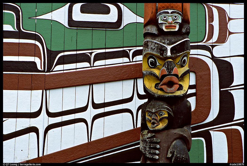 Totem and motif painted on the wall of carving studio. Victoria, British Columbia, Canada