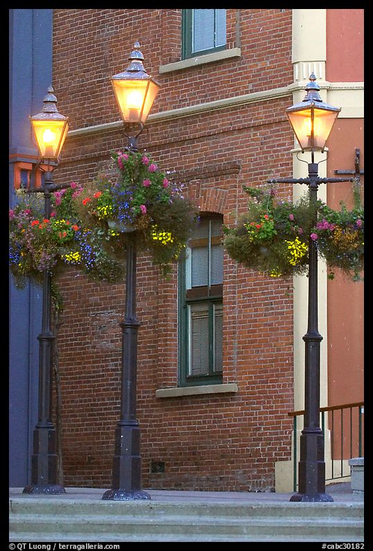 Street lamps with flower baskets and brick wall. Victoria, British Columbia, Canada