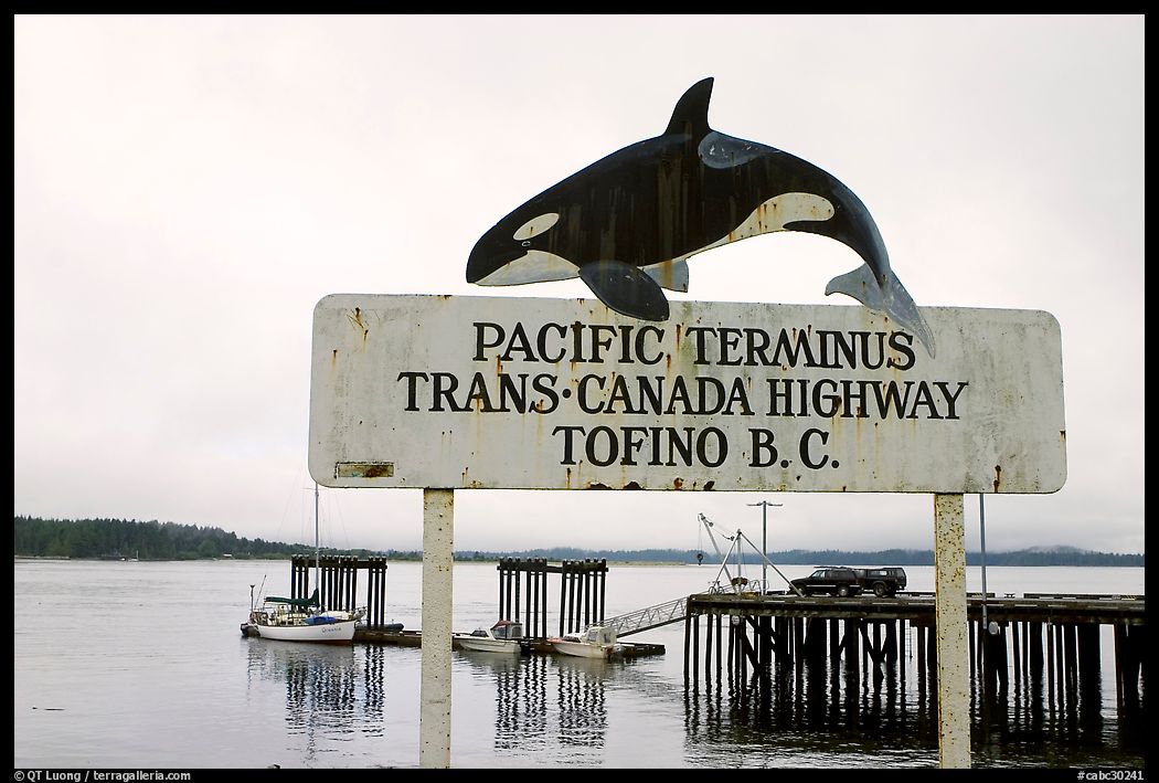 Sign marking the Pacific terminus of the trans-Canada highway, Tofino. Vancouver Island, British Columbia, Canada