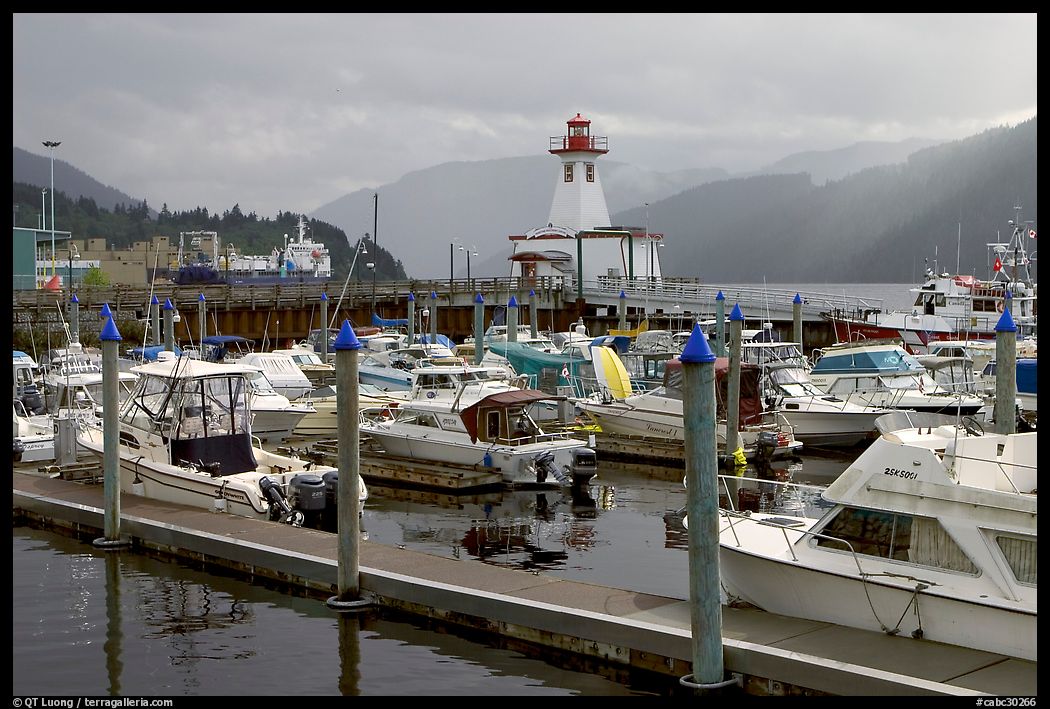 Yachts, harbour and lighthouse, Port Alberni. Vancouver Island, British Columbia, Canada