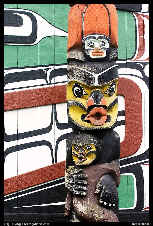Totem pole and wall of Carving studio. Victoria, British Columbia, Canada