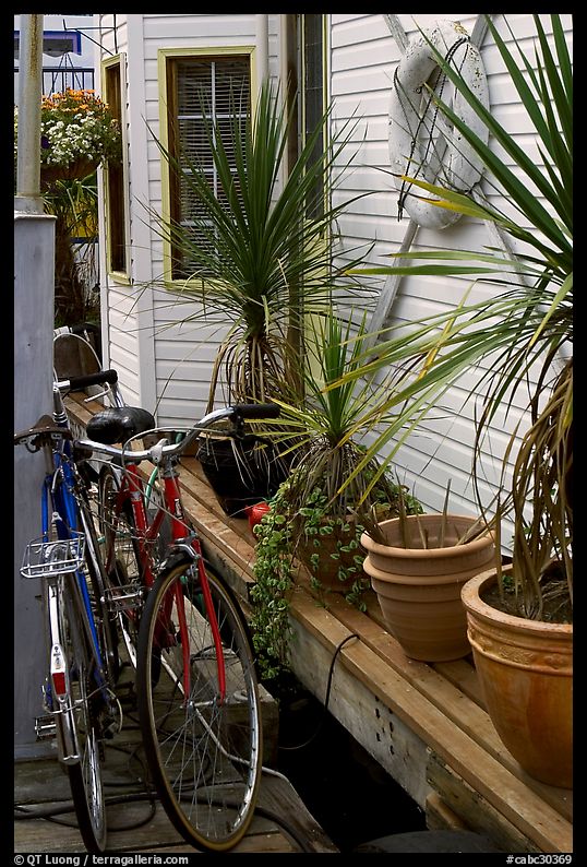 Bicycles, potted plants, and houseboat. Victoria, British Columbia, Canada