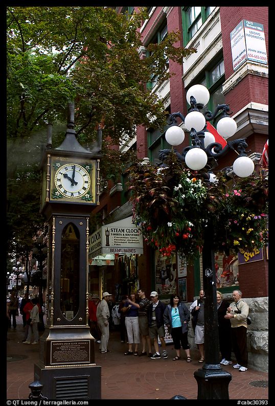 Tourists watch steam clock in Water Street. Vancouver, British Columbia, Canada