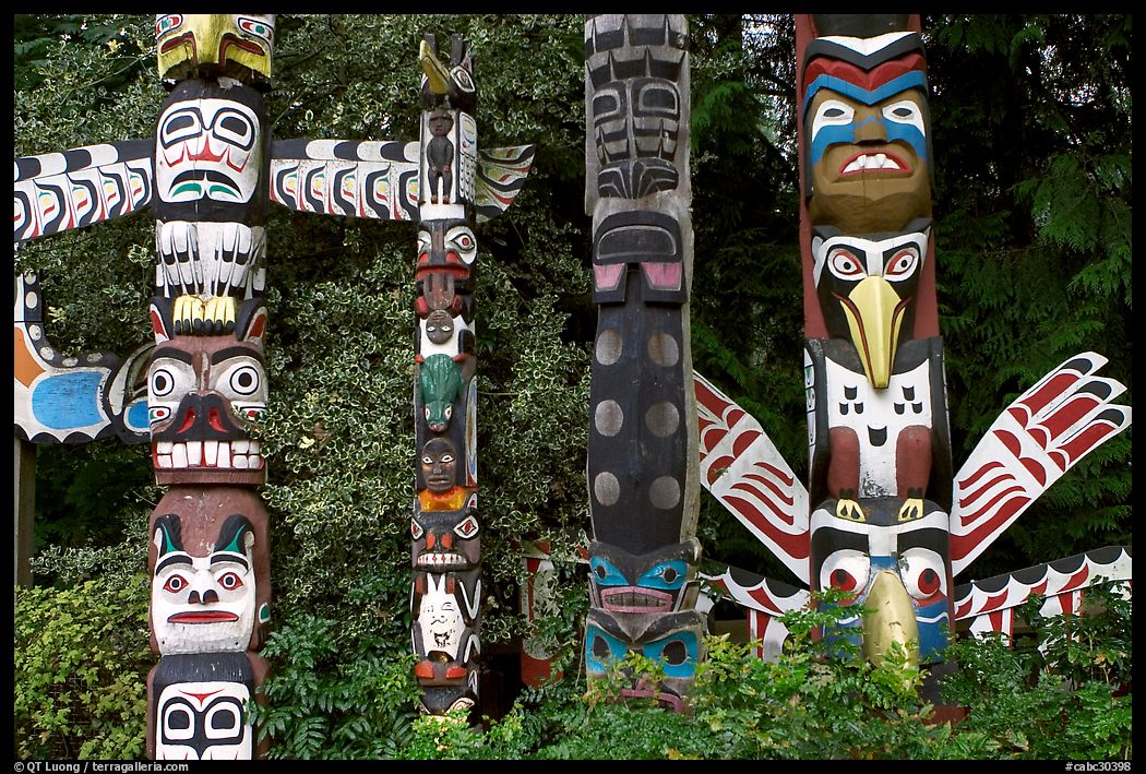 Totem collection near the Capilano bridge. Vancouver, British Columbia, Canada