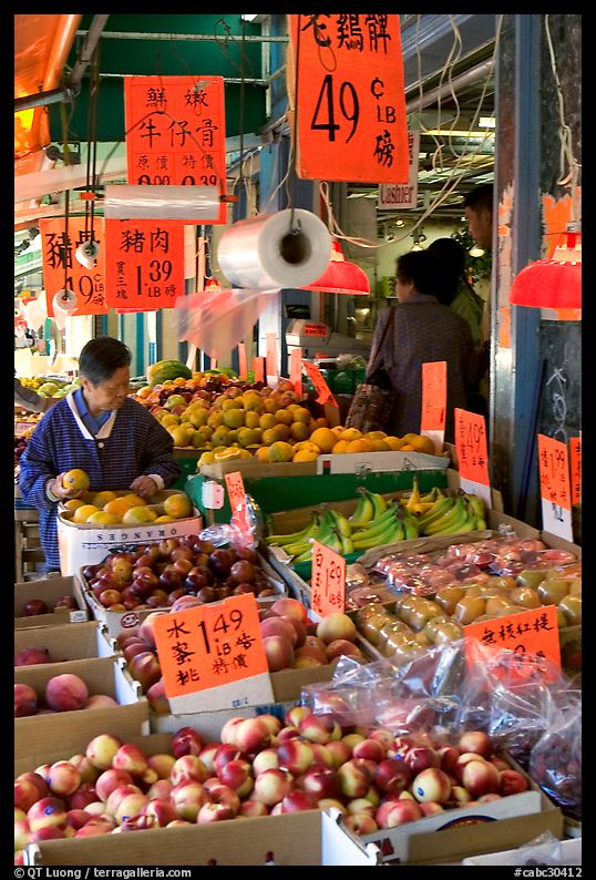 Fruit store in Chinatown. Some of the tropical fruit cannot be imported to the US. Vancouver, British Columbia, Canada