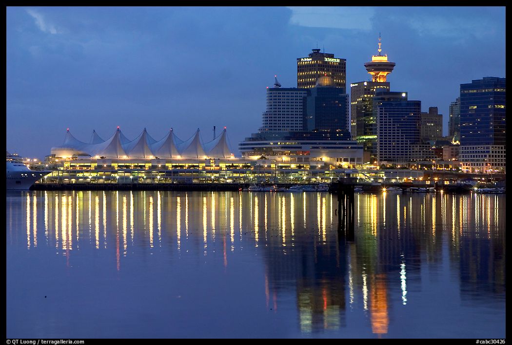 Canada Palace at night and Harbor Center at night. Vancouver, British Columbia, Canada