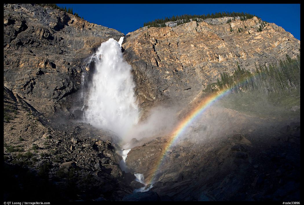 Takakkaw Falls and rainbow, late afternoon. Yoho National Park, Canadian Rockies, British Columbia, Canada