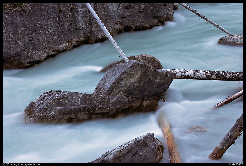 Boulders and fallen trees in silt-colored Tokkum Creek. Kootenay National Park, Canadian Rockies, British Columbia, Canada