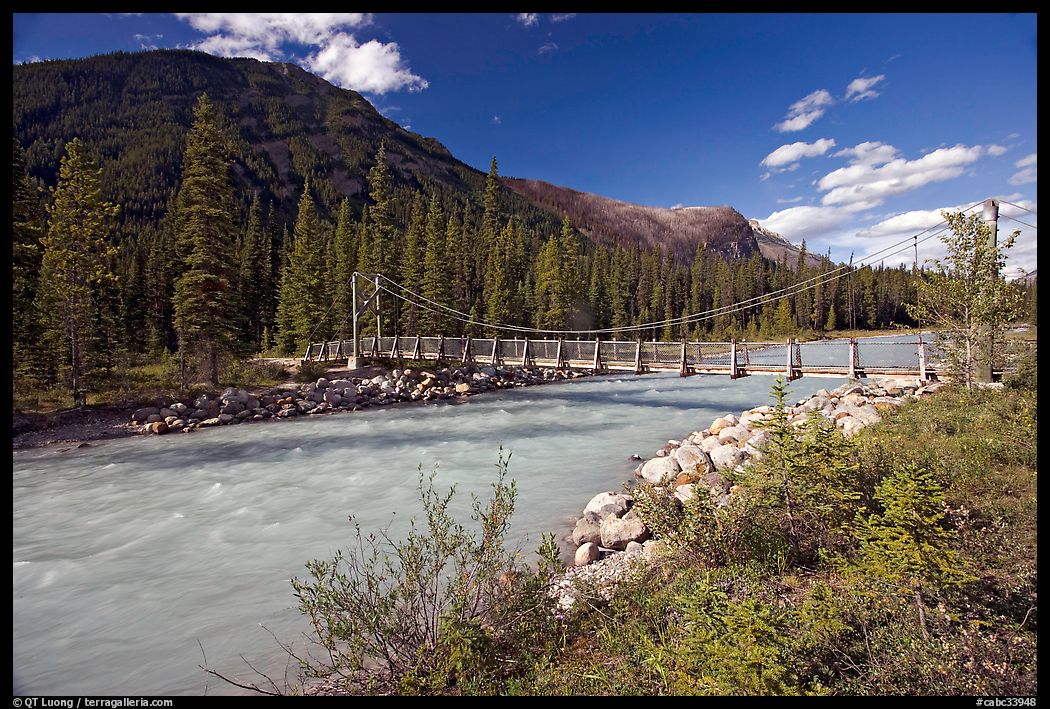 Suspension bridge spanning the Vermillion River. Kootenay National Park, Canadian Rockies, British Columbia, Canada