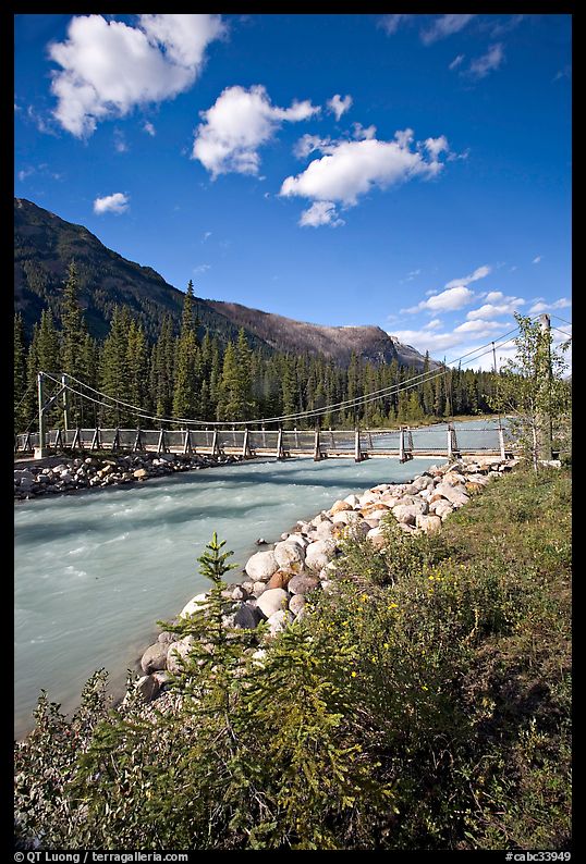Suspension bridge crossing the Vermillion River. Kootenay National Park, Canadian Rockies, British Columbia, Canada