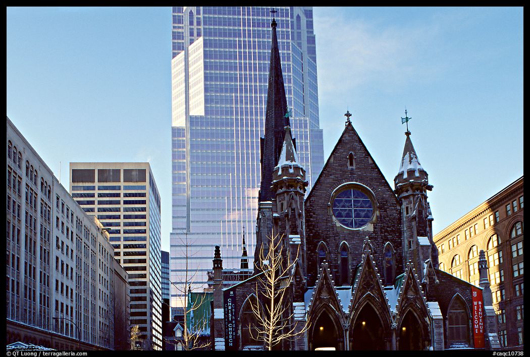 Church and modern buildings, Montreal. Quebec, Canada