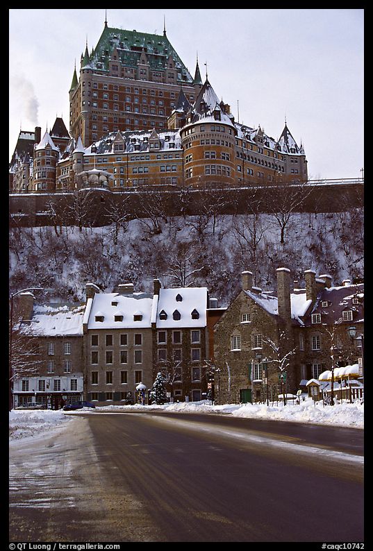 Chateau Frontenac on an overcast winter day, Quebec City. Quebec, Canada