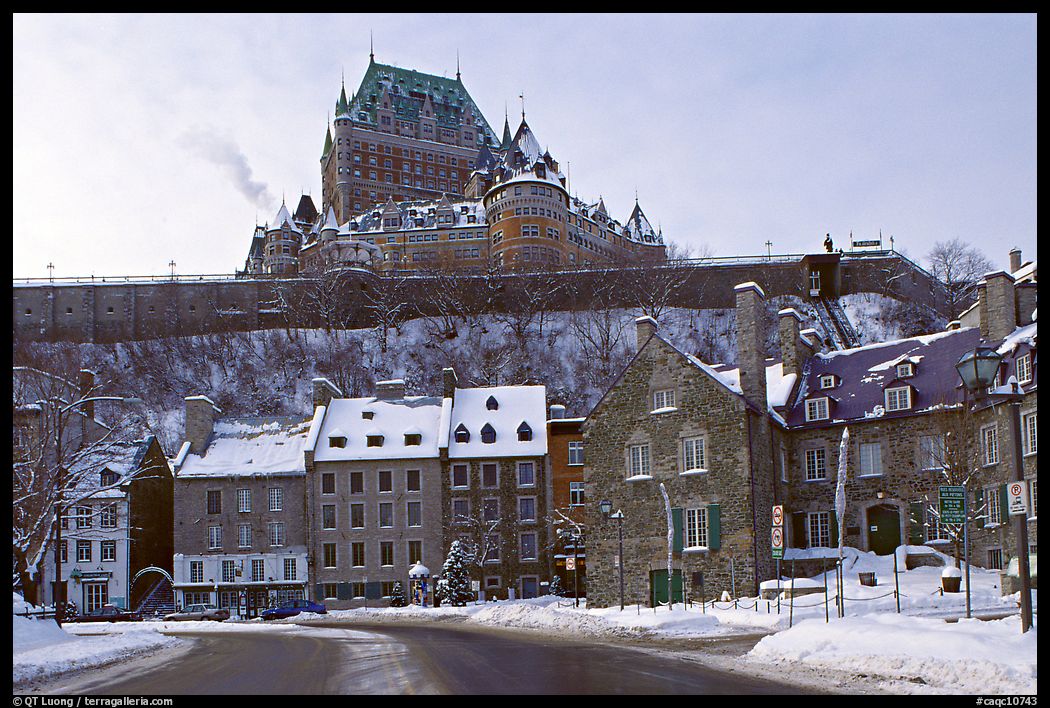 Chateau Frontenac on an overcast winter day, Quebec City. Quebec, Canada