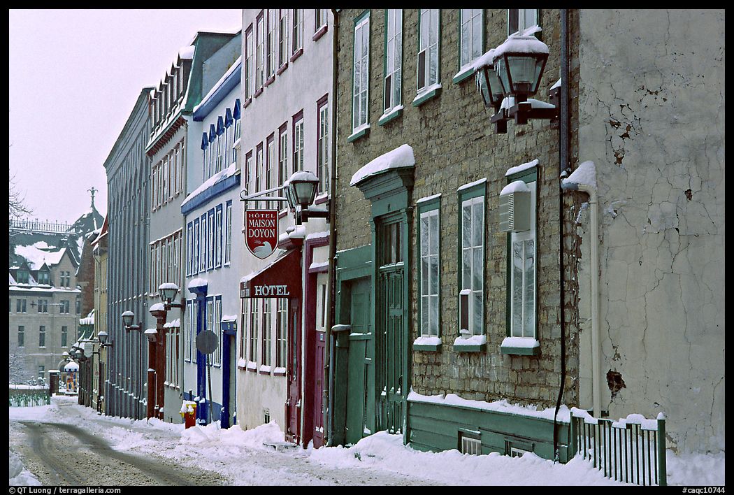 Street in winter with snow on the curb, Quebec City. Quebec, Canada