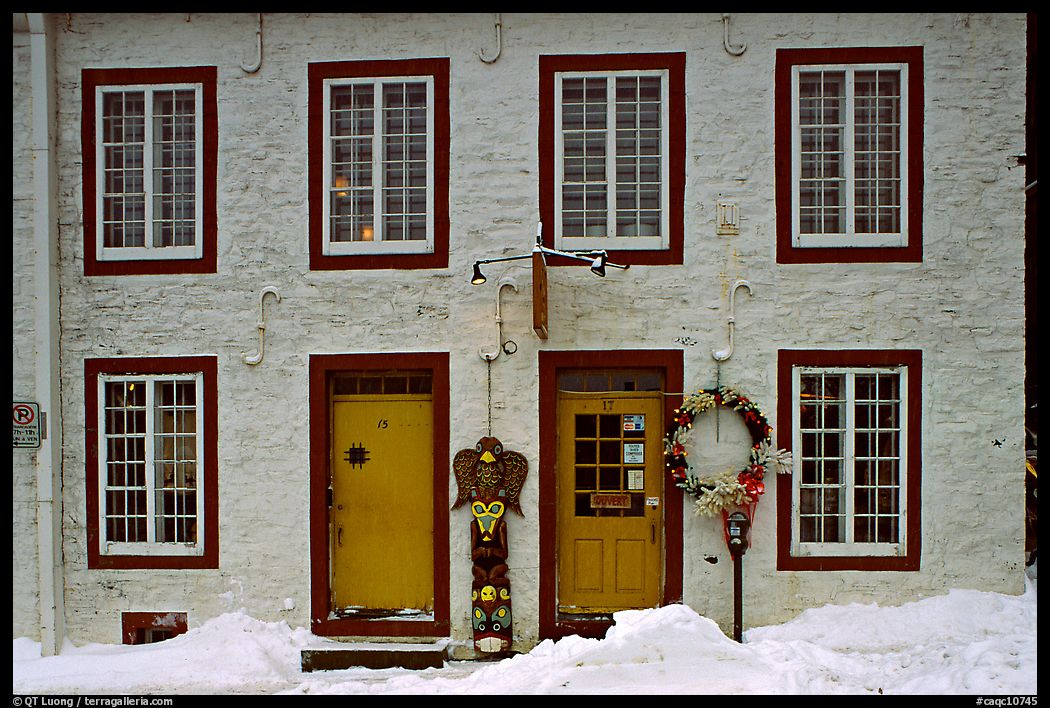 Facade in winter with snow on the curb,  Quebec City. Quebec, Canada