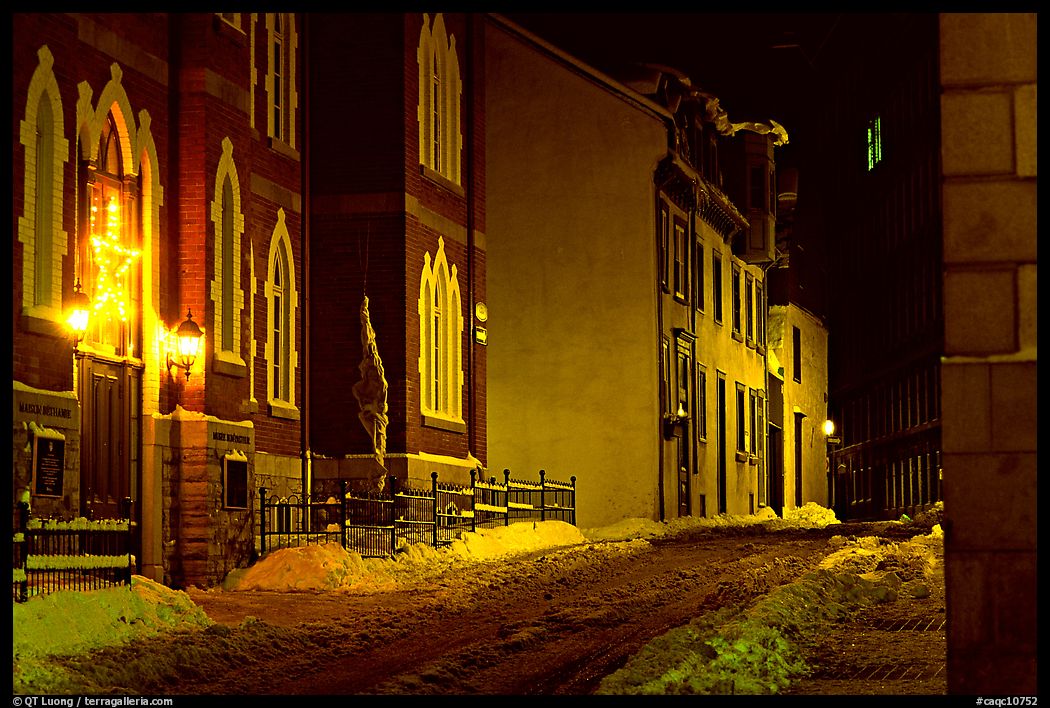 Street at night in winter, Quebec City. Quebec, Canada