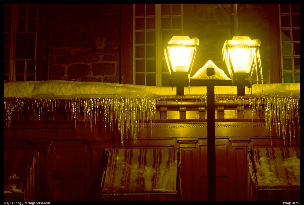 Lamp and icicles at night, Quebec City. Quebec, Canada