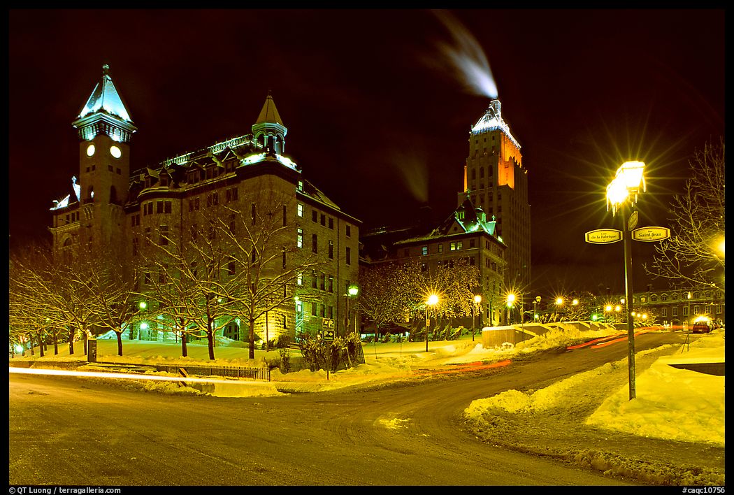 Square at night in winter, Quebec City. Quebec, Canada
