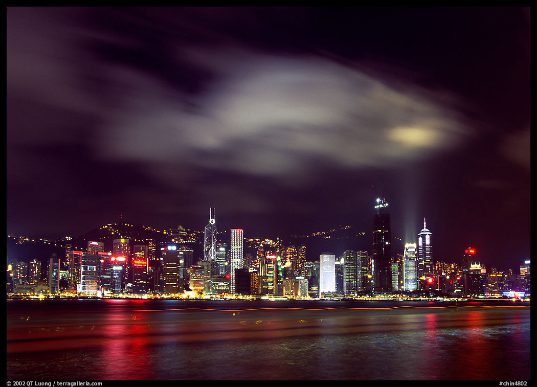 Hong-Kong Island skyline from the waterfront promenade by night. Hong-Kong, China