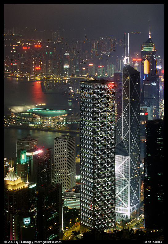 Bank of China (369m) and Cheung Kong Center (290m) buildings  from Victoria Peak by night. Hong-Kong, China