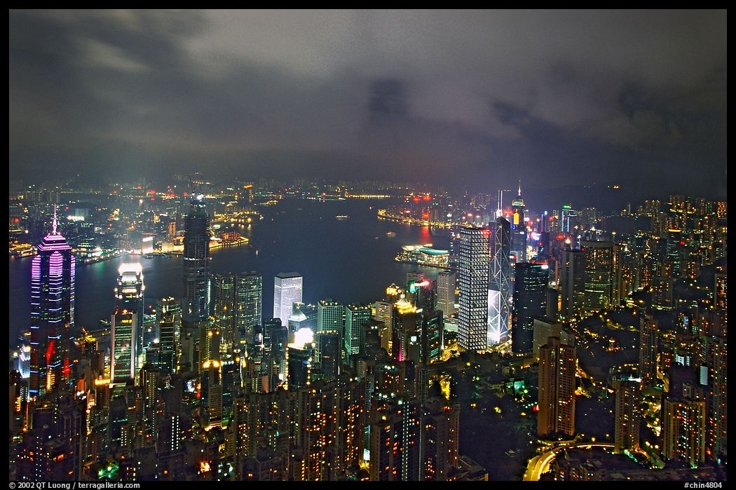 City lights from Victoria Peak by night. Hong-Kong, China