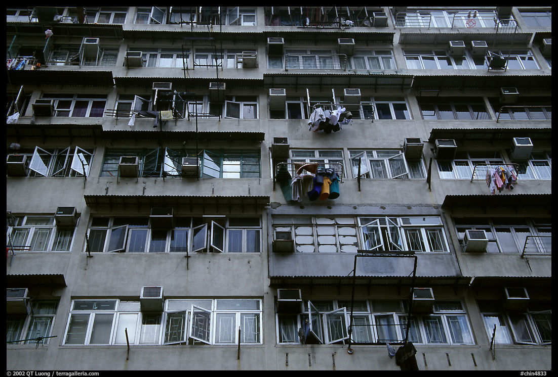 Detail of high-rise residential building in a popular district, Kowloon. Hong-Kong, China