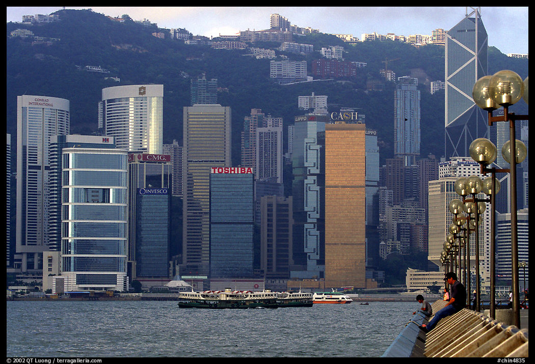 Skycrapers of Hong-Kong Island seen from the Promenade, early morning. Hong-Kong, China