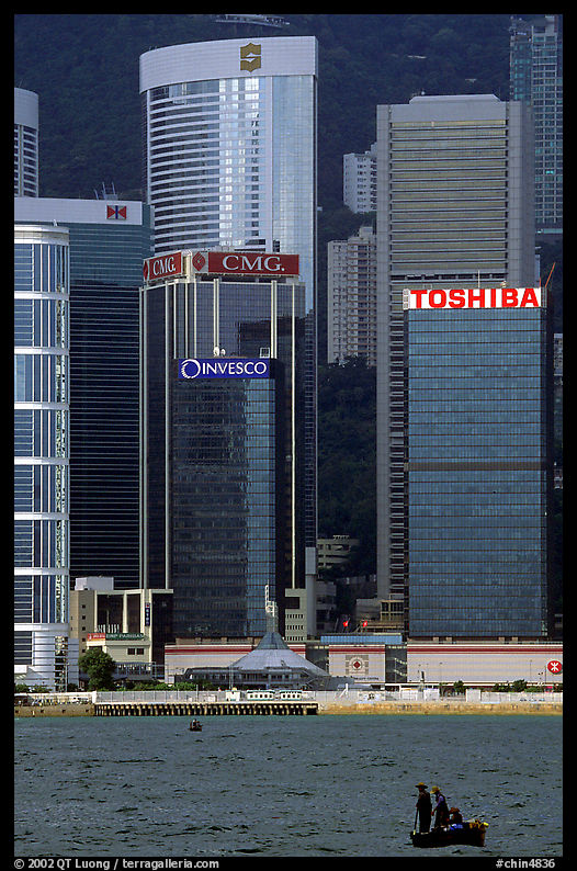 Small boat with a backdrop of skycrapers of Hong-Kong Island. Hong-Kong, China