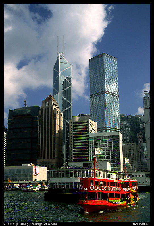 Ferry leaves a pier on Hong-Kong Island. Its symmetrical shape alleviates the need for turning around. Hong-Kong, China