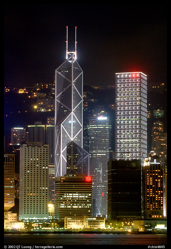 Bank of China (369m) and Cheung Kong Center (290m) buildings seen across the harbor by night. Hong-Kong, China