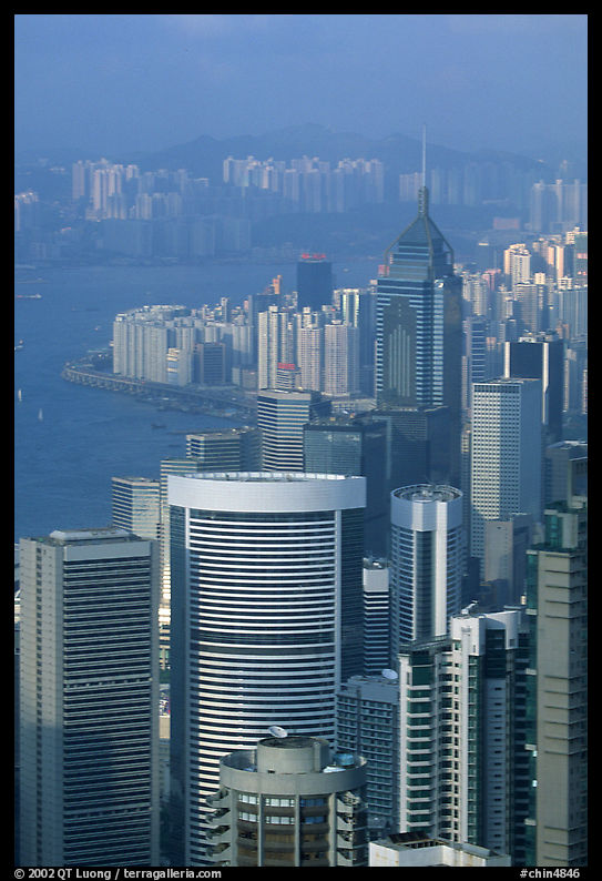 Modern high-rise buildings seen from Victoria Peak, late afternoon, Hong-Kong Island. Hong-Kong, China