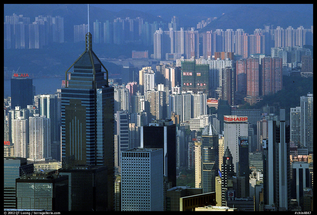 Skycrapers seen from Victoria Peak, late afternoon, Hong-Kong Island. Hong-Kong, China