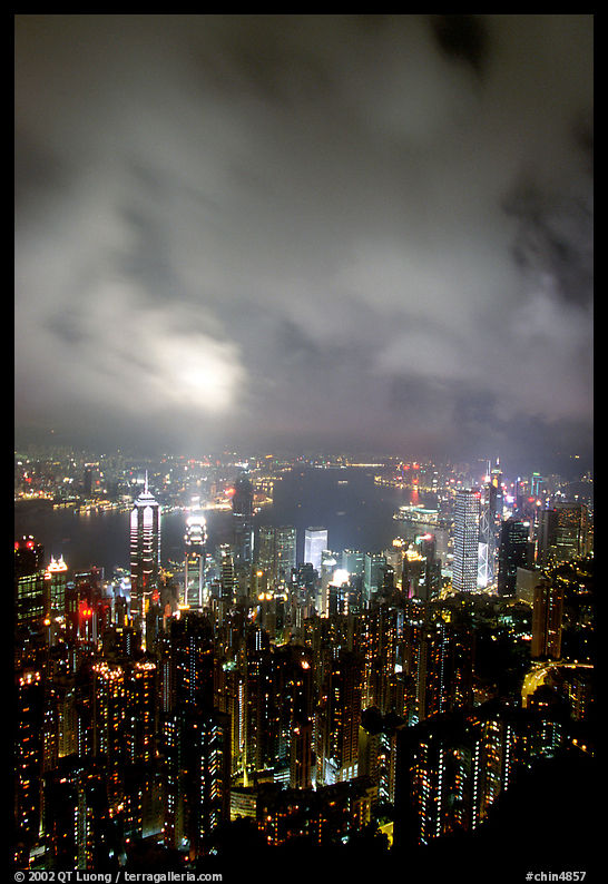 Highrise Hong-Kong lights from Victoria Peak at night. Hong-Kong, China