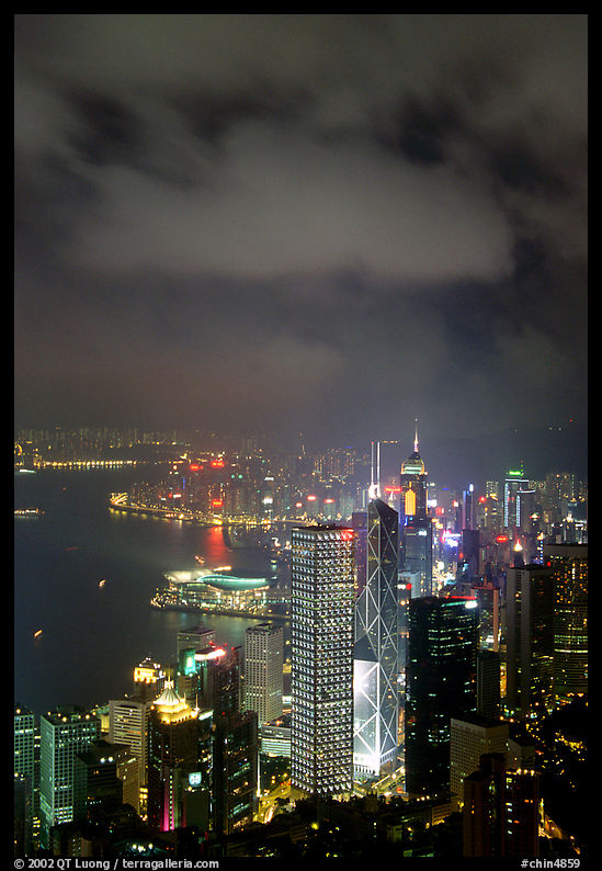 Skycraper Hong-Kong city lights from Victoria Peak at night. Hong-Kong, China