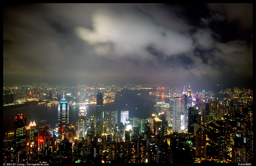 Skycrapers from Victoria Peak at night. Hong-Kong, China