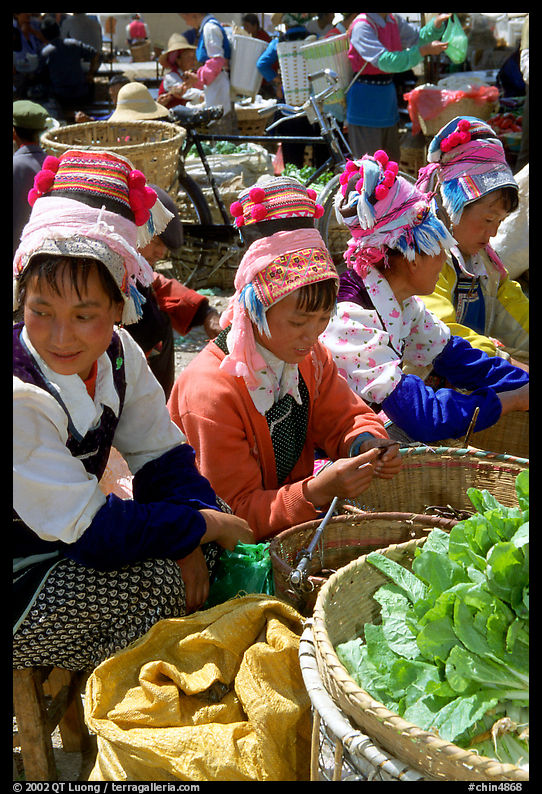 Bai women sell vegetables at the Monday market. Shaping, Yunnan, China