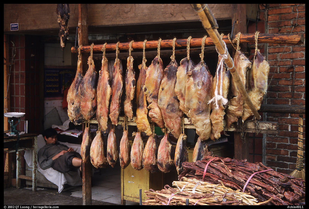 Ham made with cattle legs, salted when raw, and dried under the sun. Kunming, Yunnan, China
