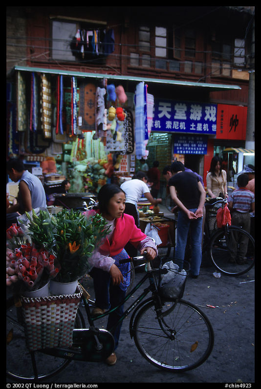 Flower peddler in an old alley. Kunming, Yunnan, China