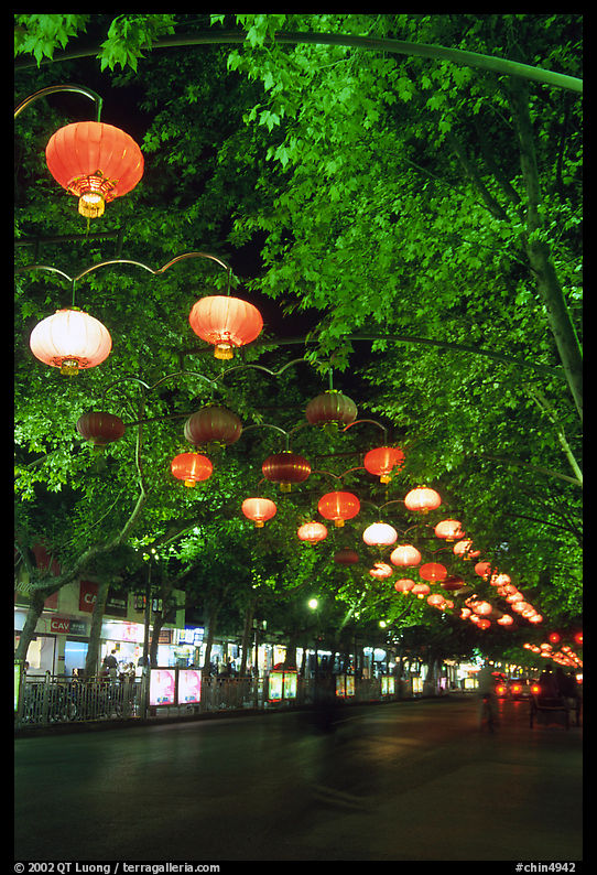 Zhengyi Lu illuminated by lanterns at night. Kunming, Yunnan, China