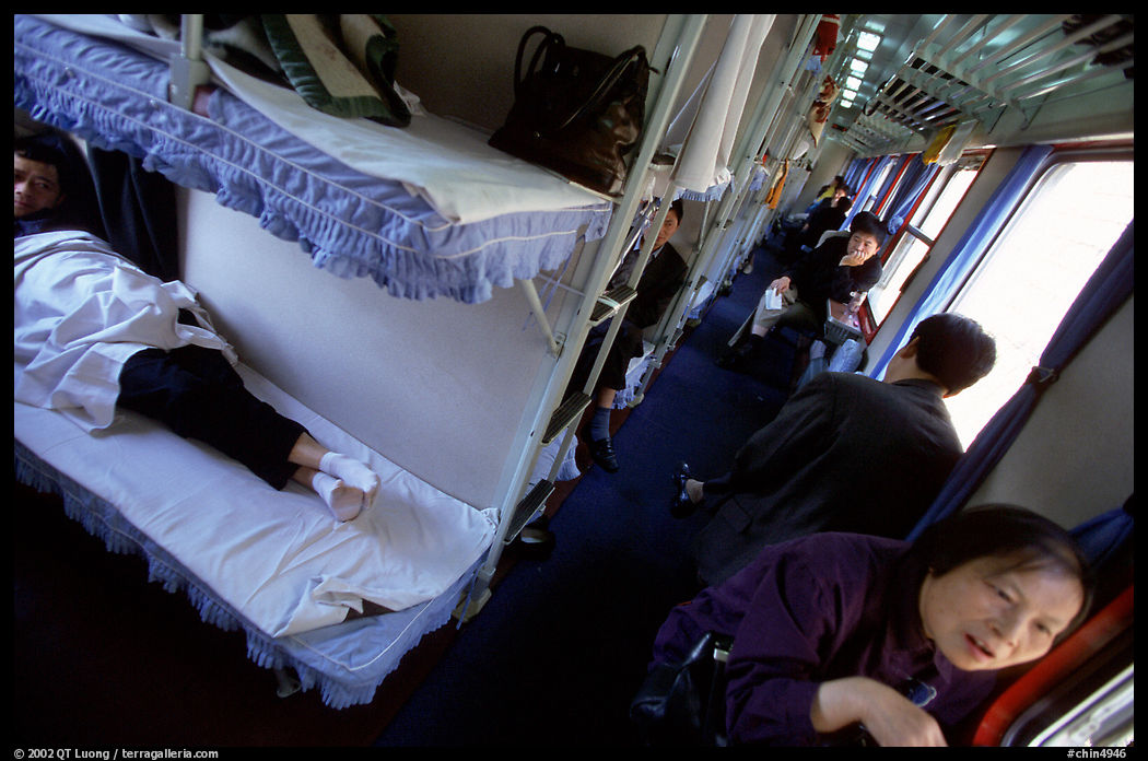 Inside a hard sleeper car train.
