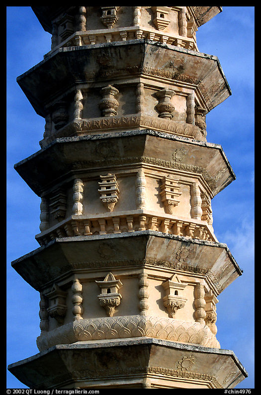 Detail of one of the two 10-tiered pagodas flanking Quianxun Pagoda. Dali, Yunnan, China