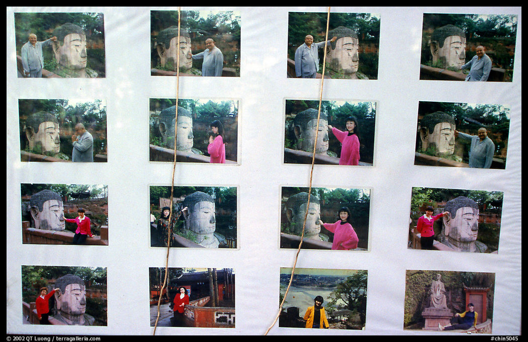 Pictures of Chinese visitors having fun with the Grand Buddha. Leshan, Sichuan, China