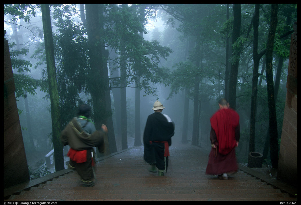 Pilgrims descend a staircase in the fog beneath Wannian Si. Emei Shan, Sichuan, China