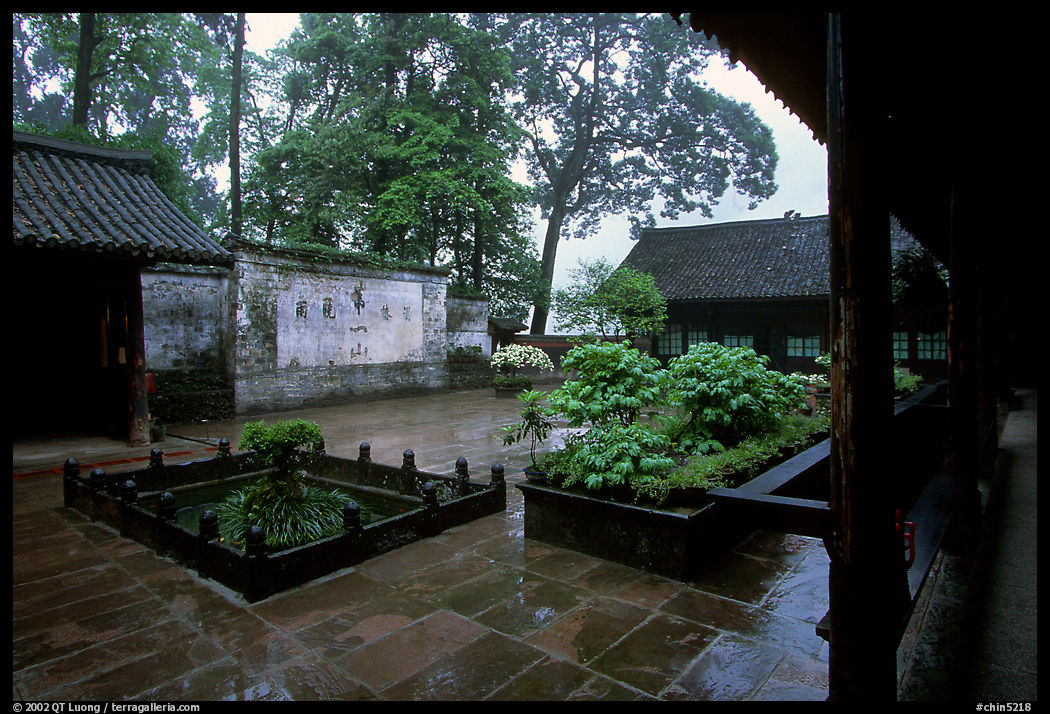 Courtyard of Hongchunping temple in the rain. Emei Shan, Sichuan, China