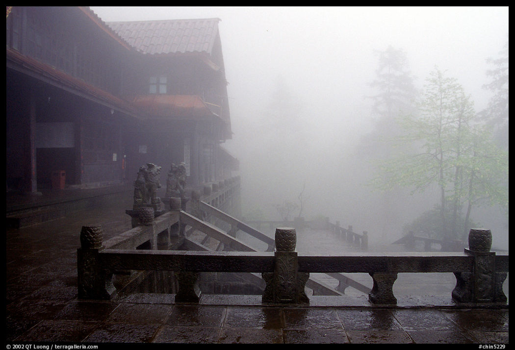 Xiangfeng temple in fog. Emei Shan, Sichuan, China